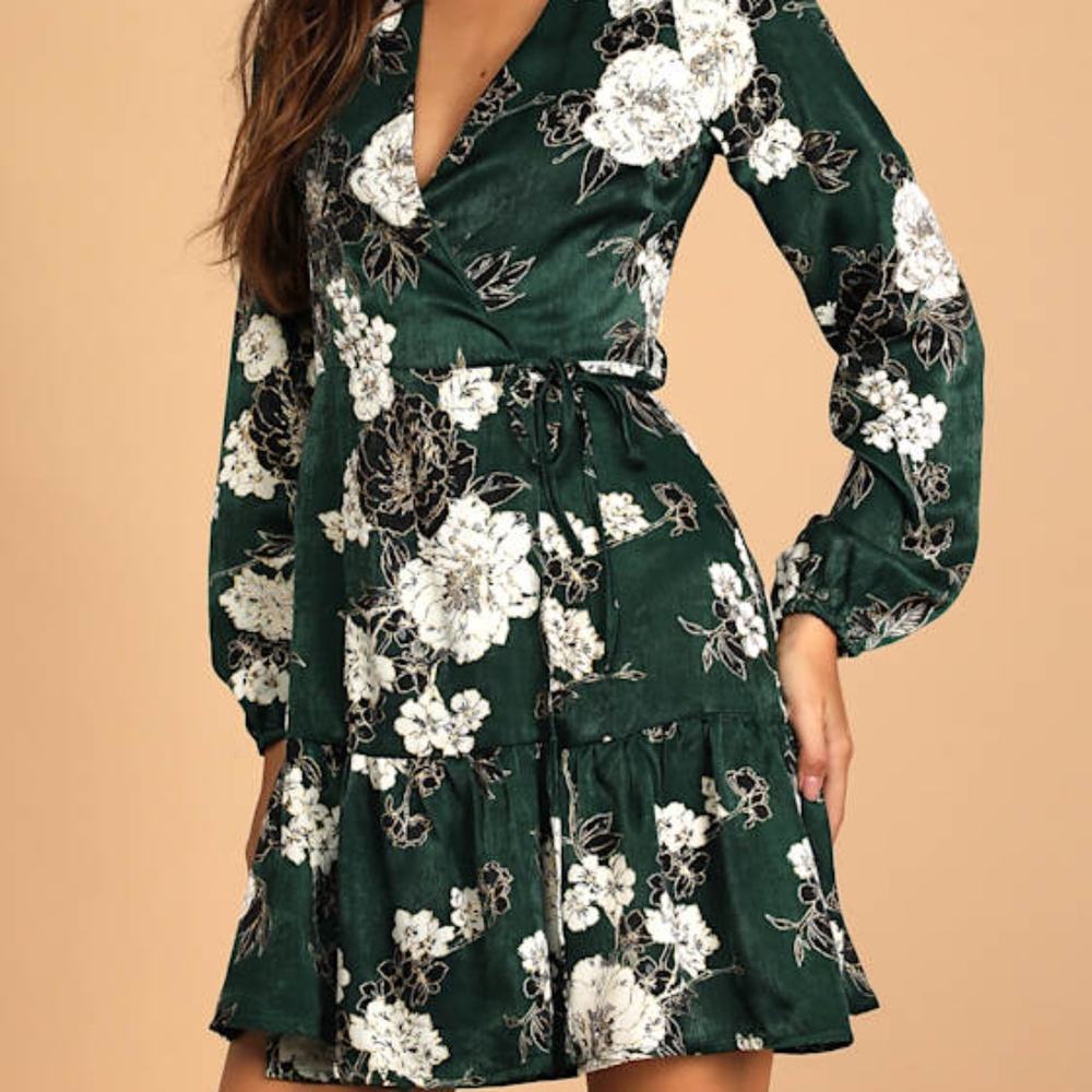 Lulus So Splendid Dark Green Floral Satin Long Sleeve Wrap Dress - Size S